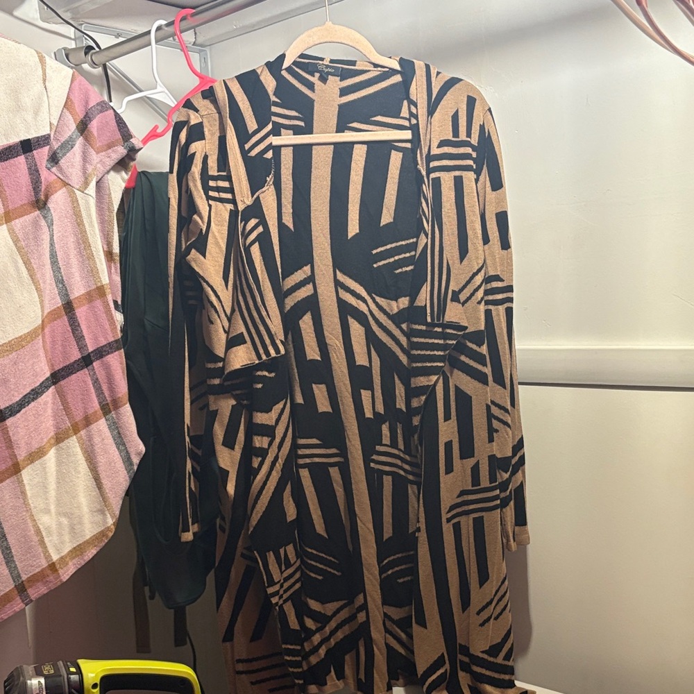 Geometric Patterned Tan and Black Women's Coat